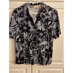 Expressions Women's Button Up‎ Shirt Linen Rayon Floral Black Blue Size 16